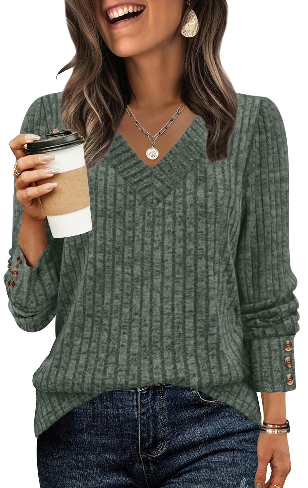 Lightweight V-Neck Tunic Sweater with Button Detail for Casual Fall 2025