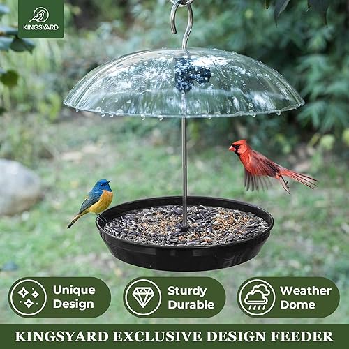 Miniatura 2 de Kingsyard Comedero para pájaros de plataforma ajustable para colgar al aire libre, bandeja de metal con cúpula superior, atrae a los pájaros azules