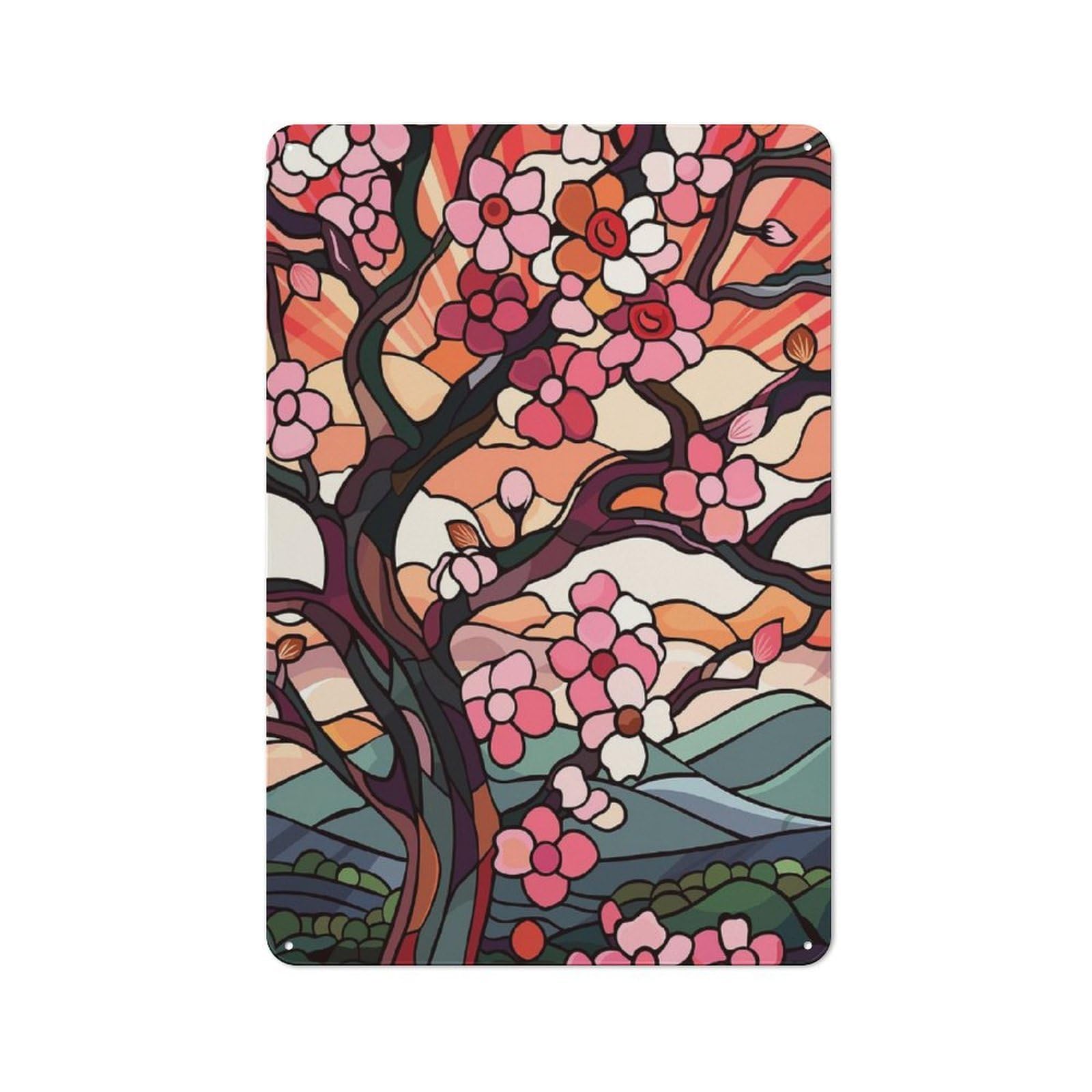 Junmoney Style-23 Stained Glass Cherry Blossoms At Sunset Rustic Metal Wall Sign 30X20cm For Bar Or Restaurant, A Decorative Metal Sign For Bars And Restaurants