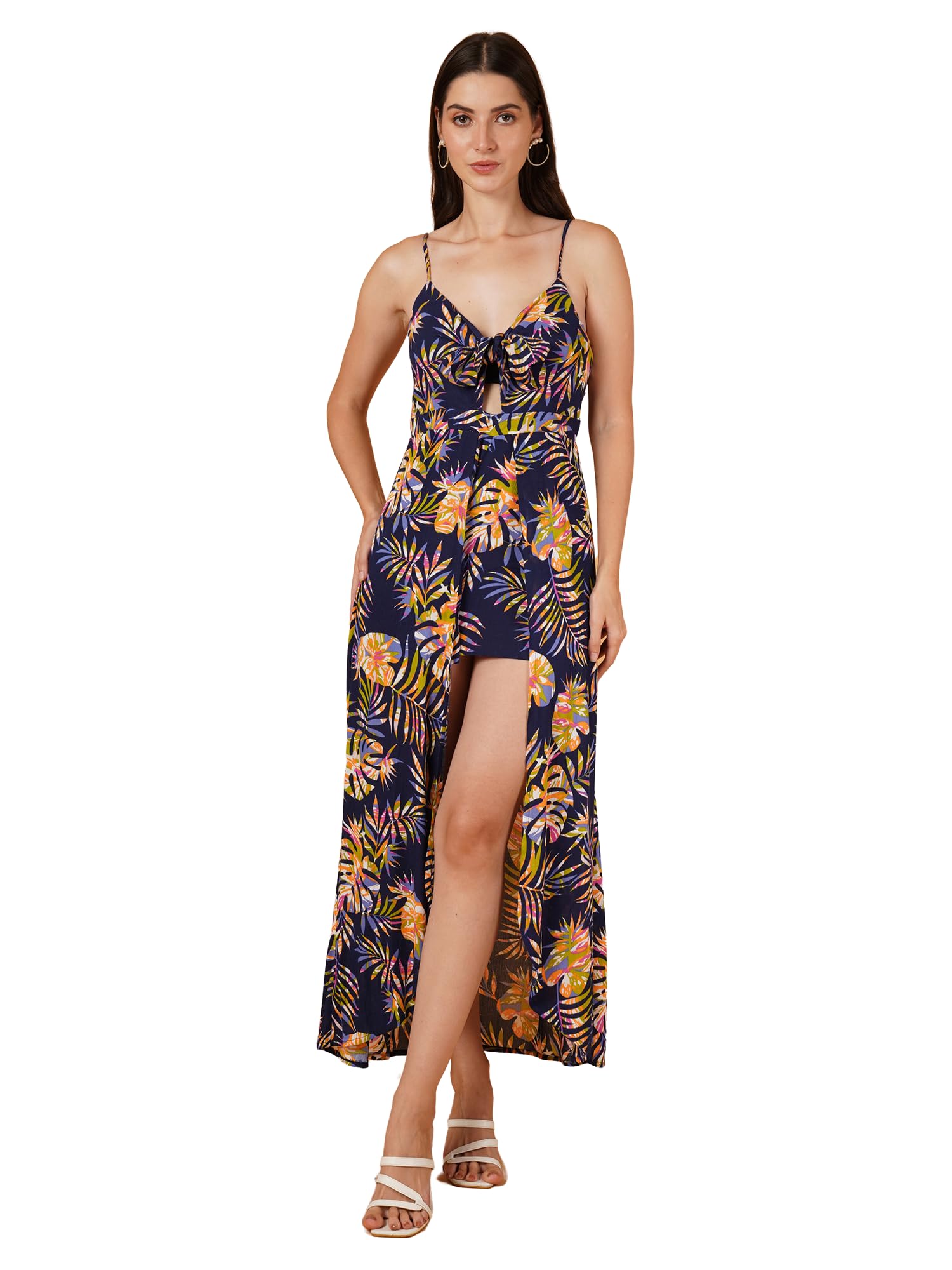 Women's Navy Blue & Green Leaf Print Jumpsuit | Western Beach Wear Rayon Playsuit With Attached Skirts-image-39