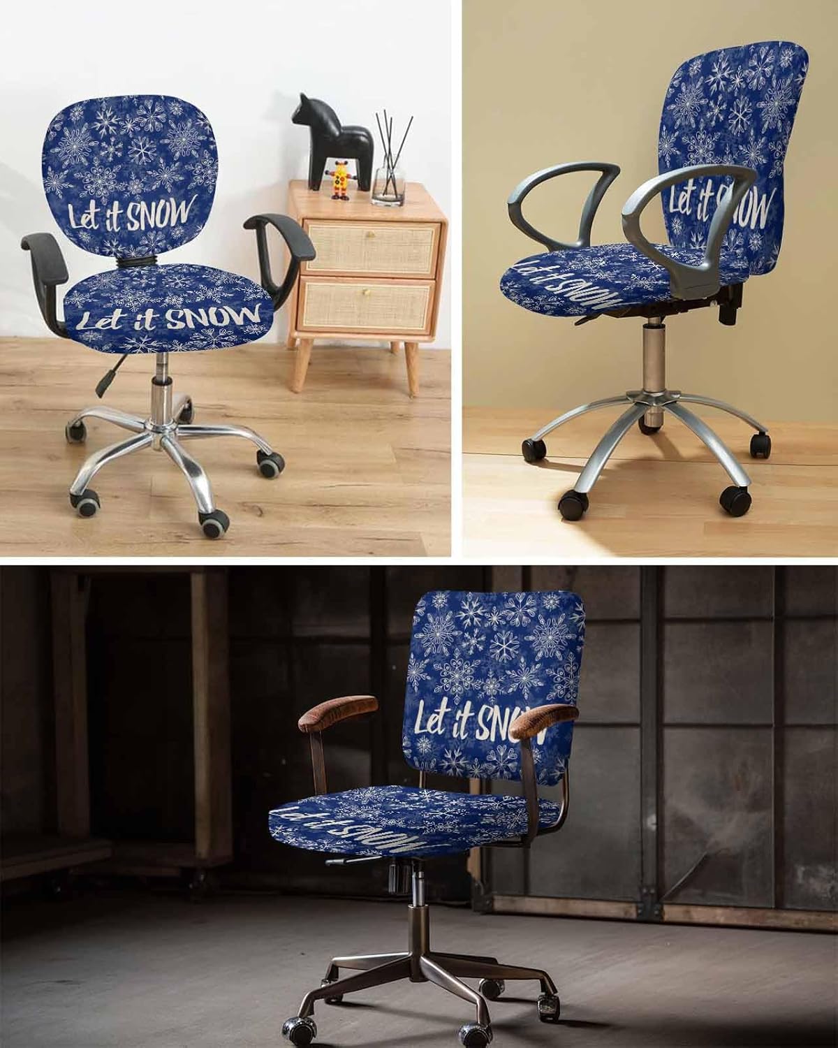 Snowflake Blue Office Chair Cover 2 Piece, Christmas Winter Xmas Festival Modern Stretch Elastic Computer Desk Rotating Chair Seat Back Covers, Stretchable Chair Slipcover Protectors Cover