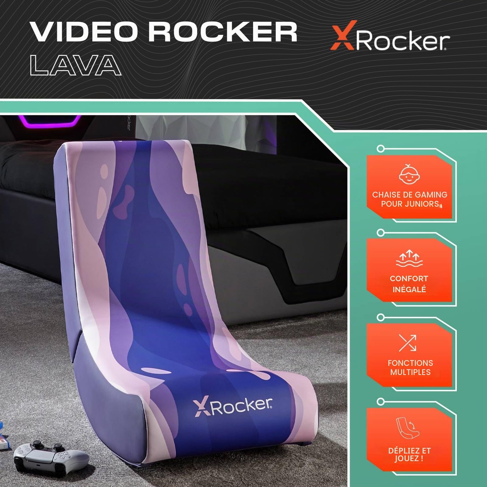 X-Rocker Chaise de jeu vidéo à bascule pliable pour enfants et juniors, siège à bascule pliable bas, chaise à bascule pour jeu, chaise de jeu console pour enfants, édition lava, rose, 2022084