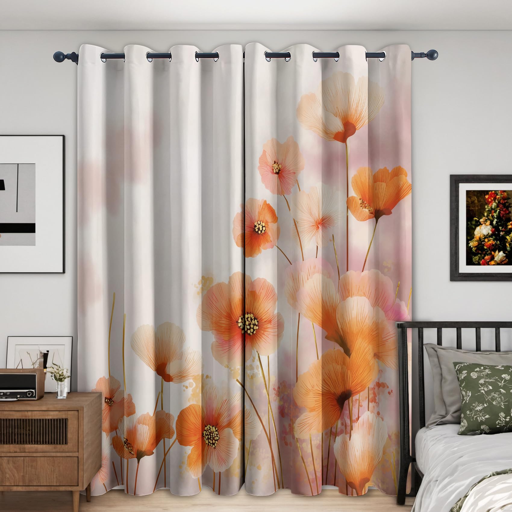 Modern Floral Blackout Curtains for Living Room, Orange and Peach Watercolor Flower Curtains for Bedroom, Thermal Insulated Eyelet Floral Pattern Window Treatments 72 Drop, 2 Panels Drapes (W66 x L72)