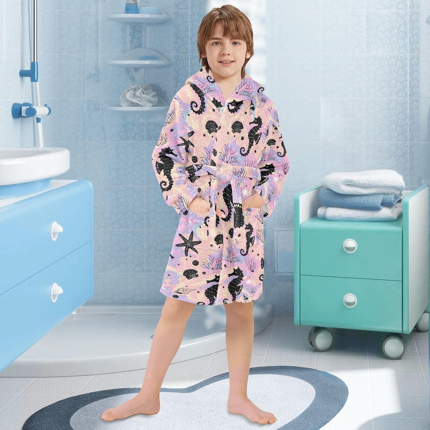 Black Seahorse Print Toddler Hooded Bathrobe for Boys Girls Soft Plush Bath Towel Robe 2-12 Years