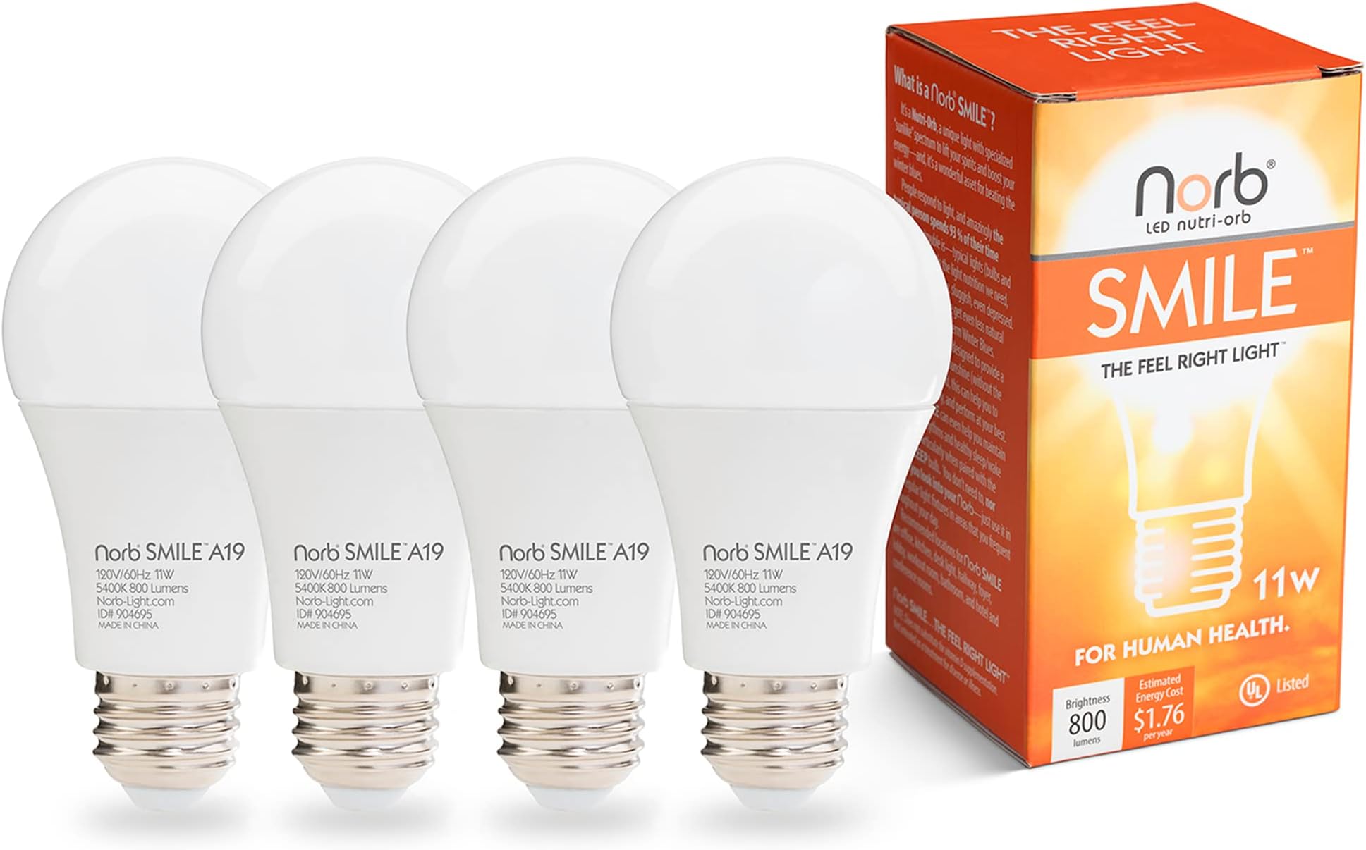 Norb NorbSMILE Full-Spectrum “Sunlike” Premium A19 LED Light Bulb. Boosts Energy, Mood & Performance. Supports Circadian Rhythm. Near-Perfect Color Rendering. Patented Technology US Based (4-Pack)