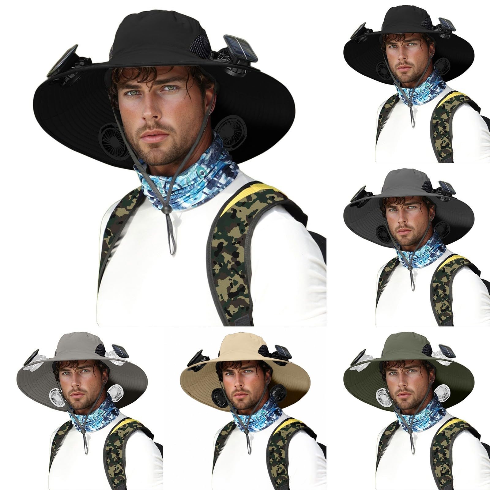 Générique Chapeau De Soleil D'extérieur À Large Bord - avec 4 Ventilateurs Solaires - Homme Femme - Été Chapeau Anti UV Rafraichissant - Rechargeable par USB - Pêche Plage Randonnée Safari