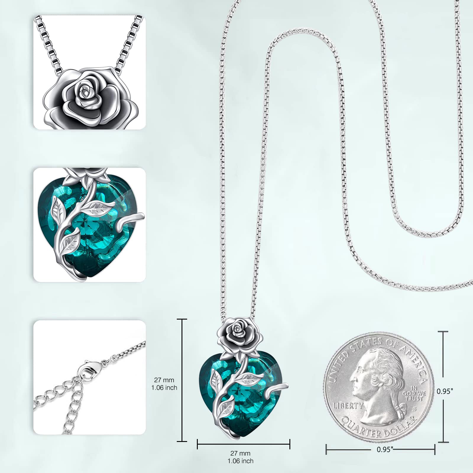 TOUPOP Halskette Damen Silber 925 Rosen Kette mit Geburtsstein Herz Anhänger Schmuck Geschenke für Frauen Sie Freundin Ehefrau Mama zum Geburtstag Hochzeitstag Jahrestag