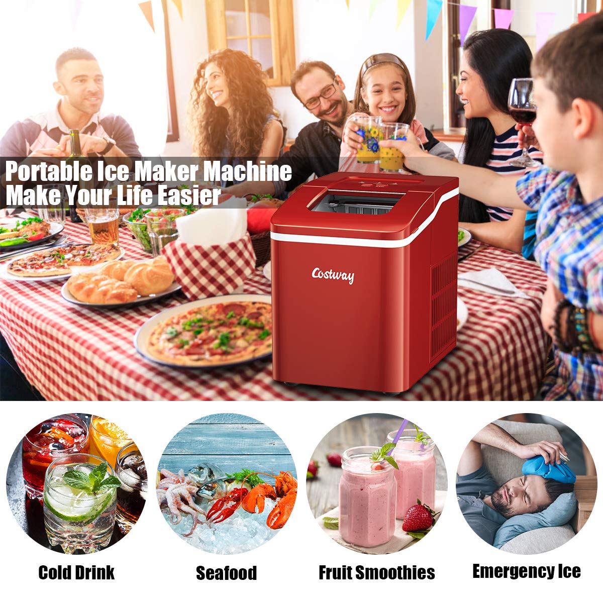 COSTWAY Countertop Ice Maker, 26lbs/24h Portable Ice Machine With Self-Cleaning Function, Bullet Ice Cubes Ready In 8 Mins, Scoop And Removable Basket,Ice Maker For Home Party Bar, Red on Fridge.com - View 4