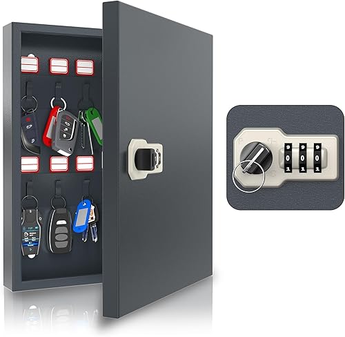 Soporte de pared para llaves con código, caja de bloqueo de llave con etiquetas para llaves, gabinete de llaves con 24 ganchos de metal, caja de