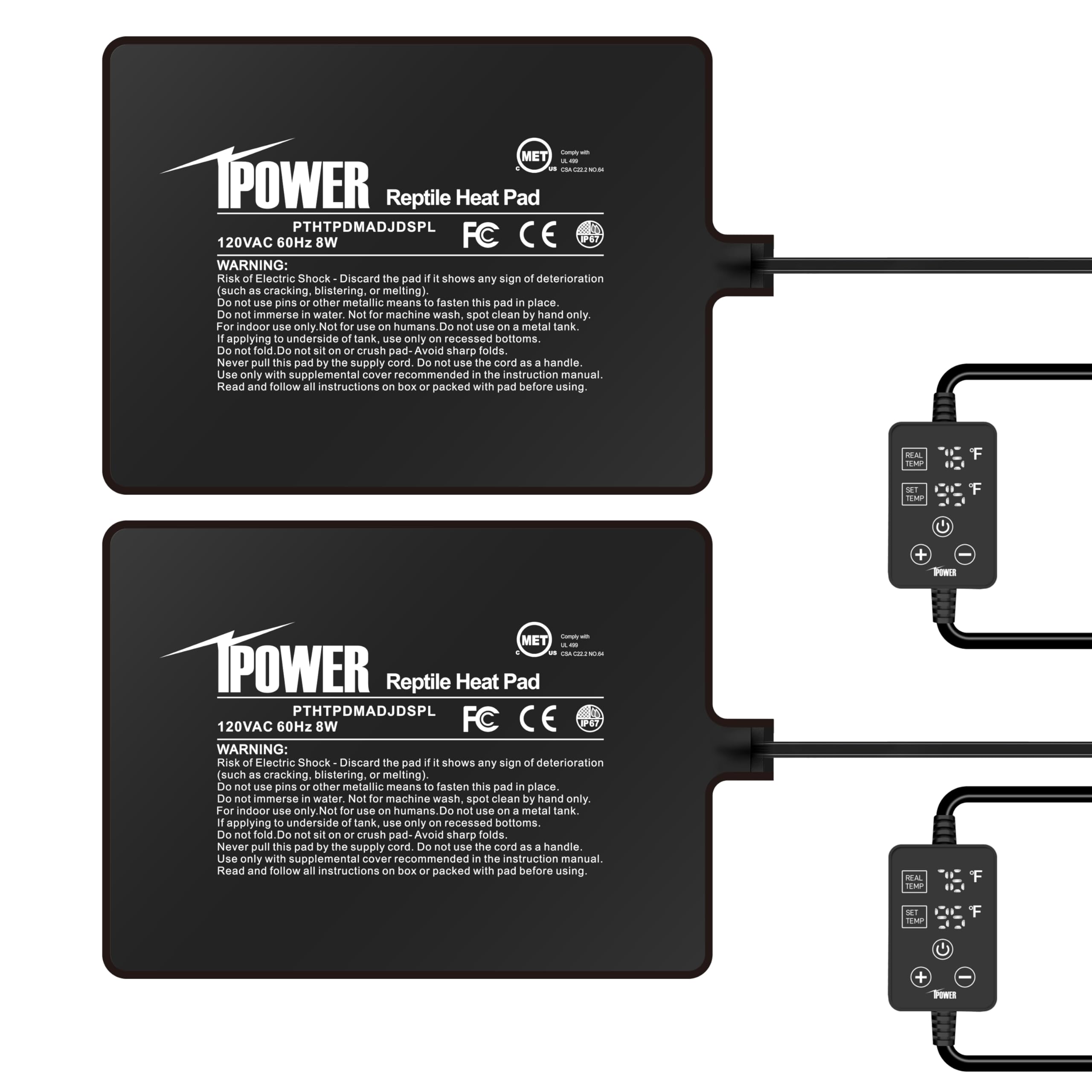 iPower 6 by 8 Inch 8W Reptile Heating Pad with Adjustable Thermostat, Under Tank Warmer Terrarium Heat Mat for Turtles/Snakes/Lizards/Frogs, 2 Pack