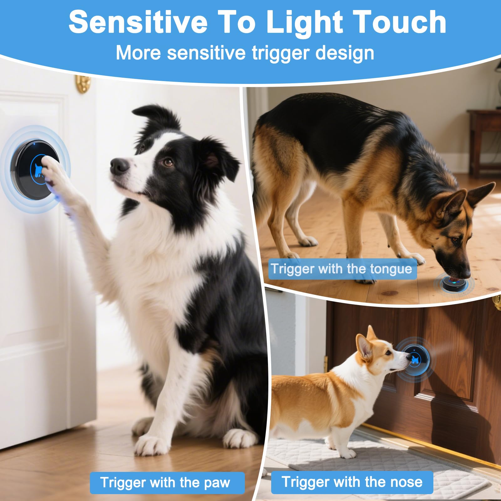Campanas de perro para salir al aire libre, timbre inalámbrico para entrenamiento, timbre de puerta de perro Plug and Play con 2 botones táctiles impermeables, volumen ajustable, campana para