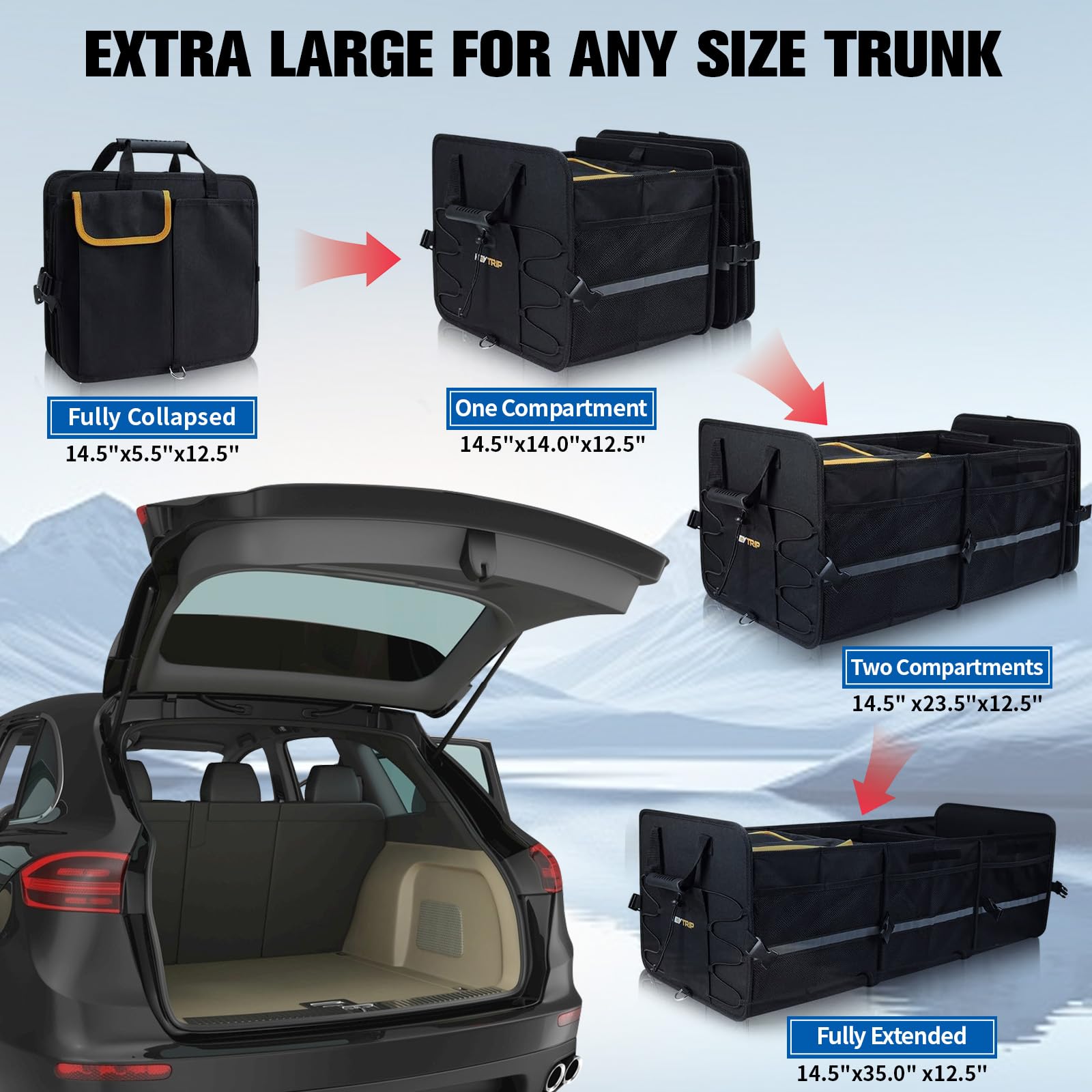 Grande organizer per bagagliaio da 105 l, con borsa termica integrata, a prova di perdite, pieghevole, con 3 scomparti principali, 9 tasche a rete e 2 tasche laterali per auto, SUV, camion