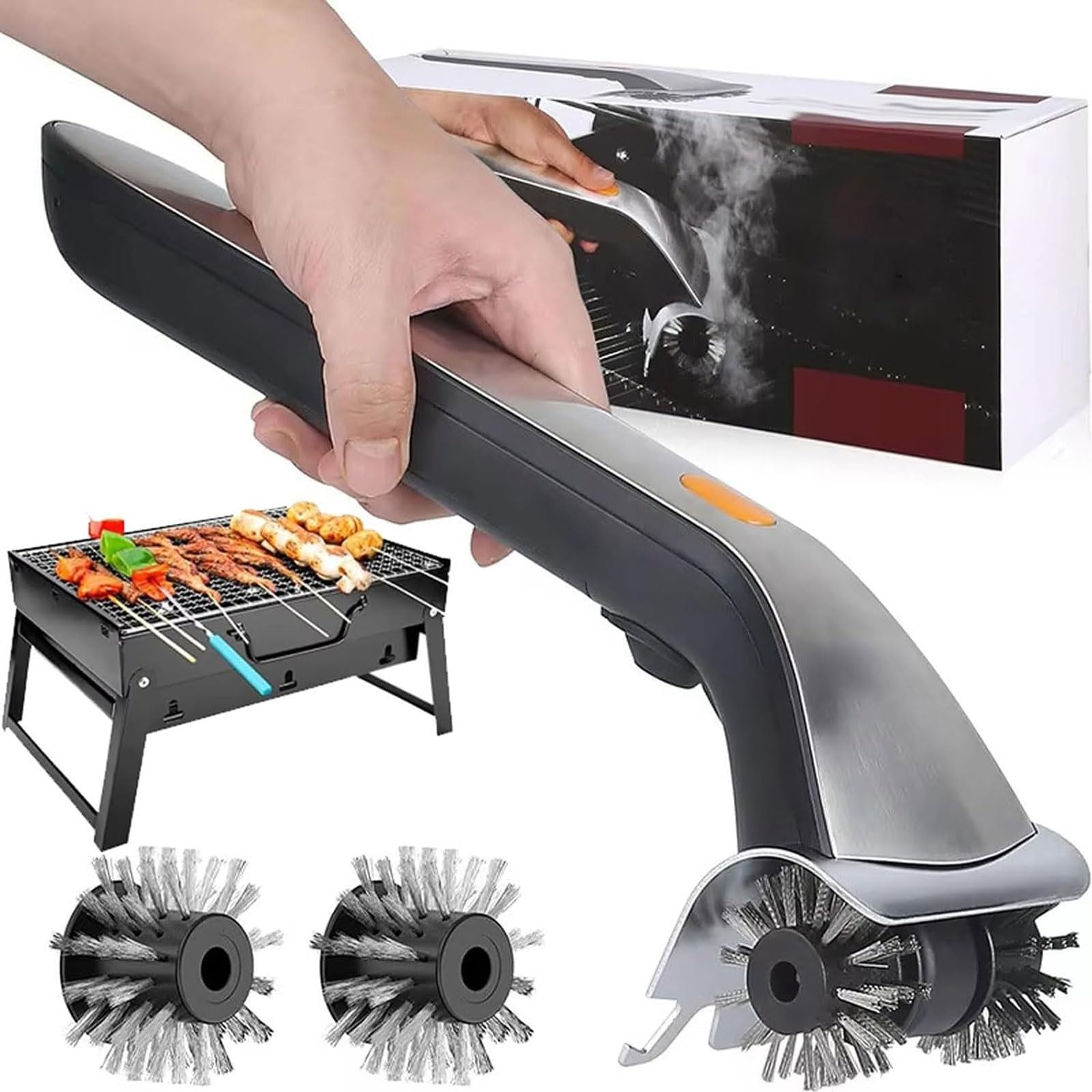 Spazzola for griglia elettrica con serbatoio dell'acqua da 500ml,spazzola pulizia barbecue ricaricabile senza fili rotante a 360° con 2 testine in acciaio inossidabile,for griglie,ripiani della cucina
