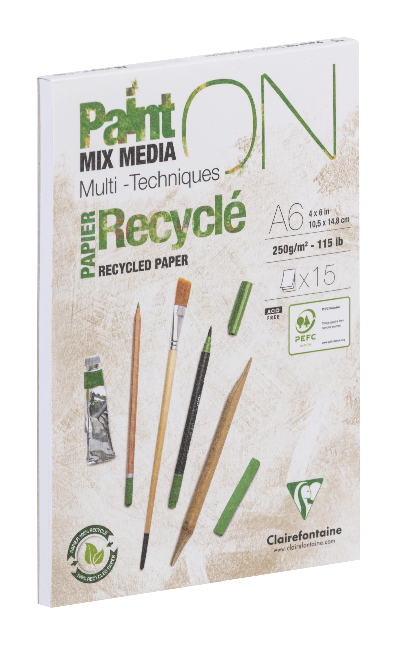 Clairefontaine 960061C PaintON Multi-Technique Recycled A6 10.5x14.8 cm 250g - 15 Sheets Multi-Technique Drawing Paper 100% Recycled with Satin Finish - White