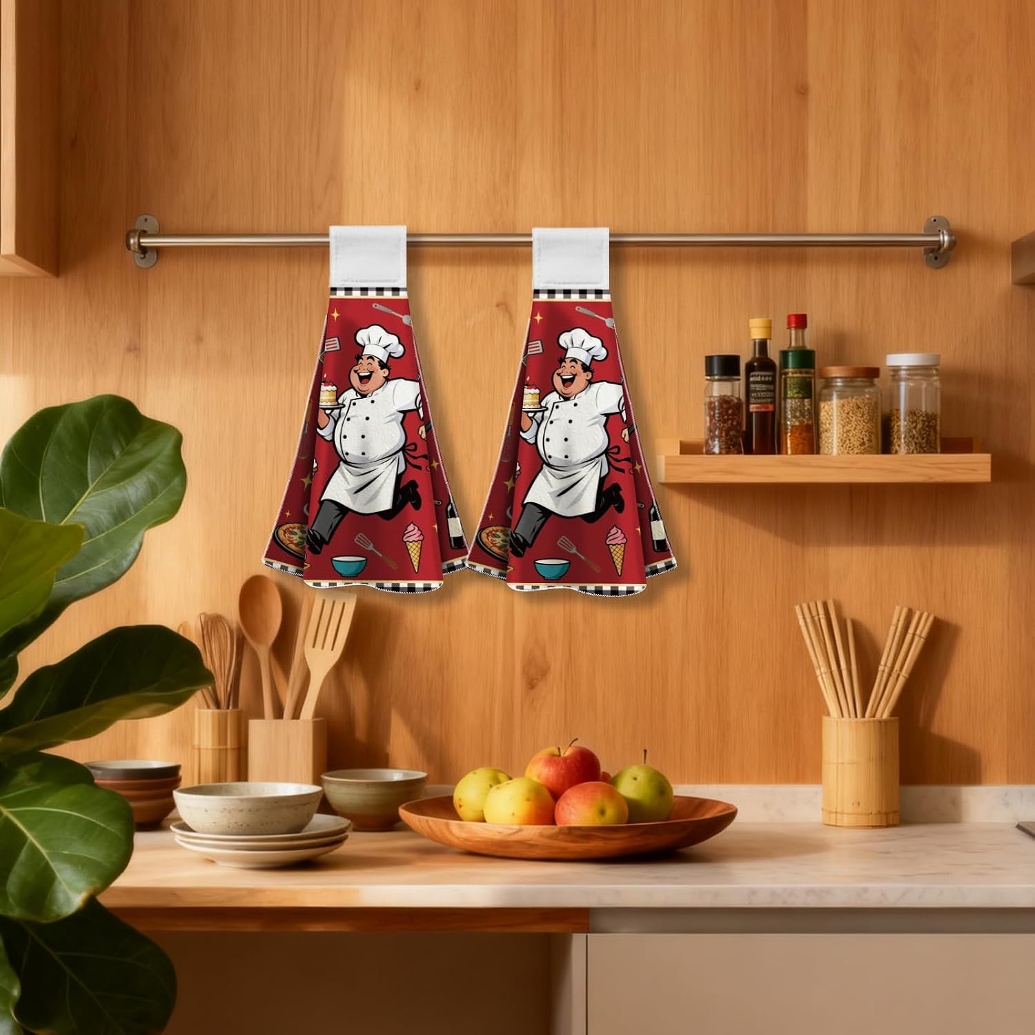 CUTHOLLOW Cartoon Chefs Hanging Kitchen Towels with Loop, Set of 2 - Soft & Super Absorbent Microfiber Decorative Hanging Dish & Hand Towel, Tea, Coffee Towel for Kitchen Bathroom Oven Handle