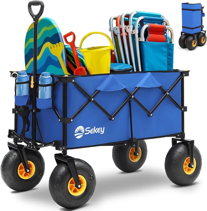 Heavy Duty Beach Wagon with 9" Big Sand-Proof Wheels – 440lb Capacity, Sekey 200L Oversized Foldable Cart | Adjustable Handle & All-Terrain Tires for Sand, Camping, Groceries. Blue&Black