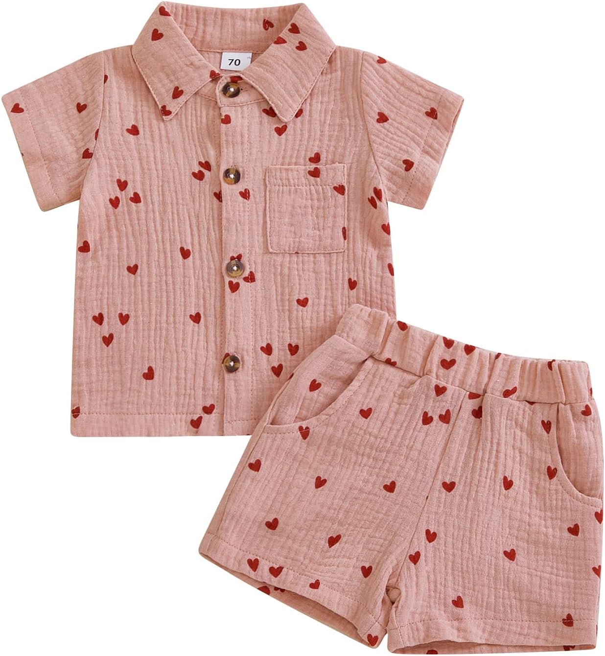 Toddler Baby Boy Valentines Day Outfit Heart Print Cotton Linen Short Sleeve Button Down Shirt and Shorts Set