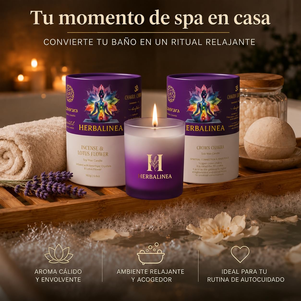 Bougie chakra de soja 100 % avec pierres naturelles et fleurs séchées, bougie parfumée pour méditation, yoga, relaxation et décoration, cadeau original, 160 g (violet - chakra couronne)