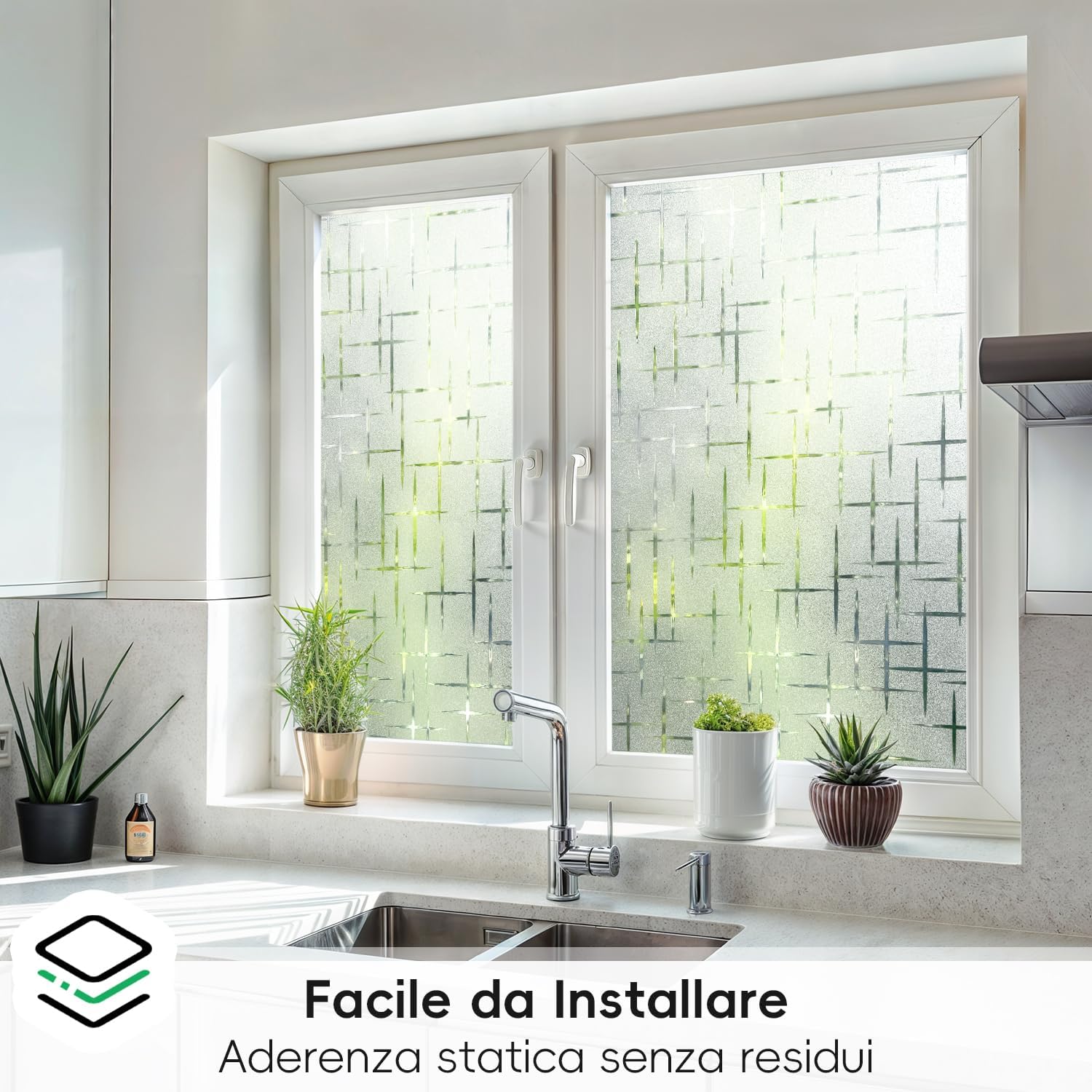 Qualsen Pellicola per Vetri Finestre 75x200cm, Schema a Croce Pellicola Adesiva per Vetri Decorative Elettrostatica Satinata Autoadesive Anti-UV Pellicola Privacy Finestre per Casa, Ufficio, Cucina