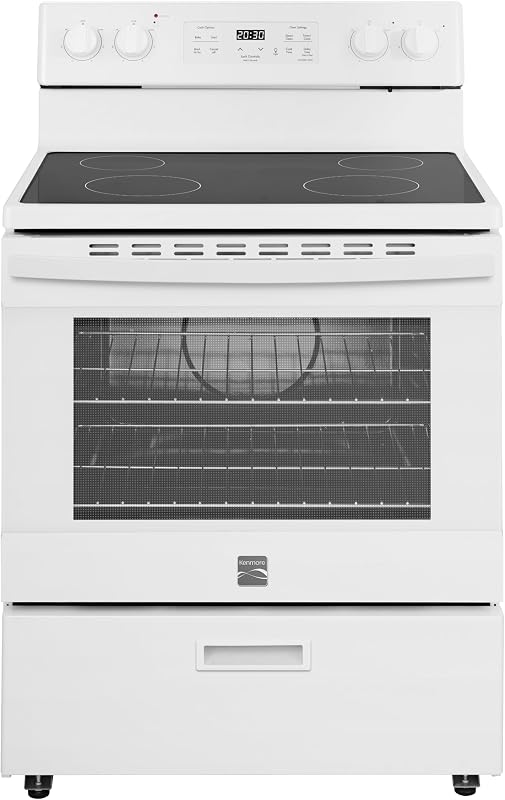 Kenmore 5.2 cu ft. Rear Control Electric Range - White | 4 Cooktop Elements - Steam Clean Oven & Hidden Bake for Easy Cleaning - Ultra-Durable Chrome Racks & Storage Drawer