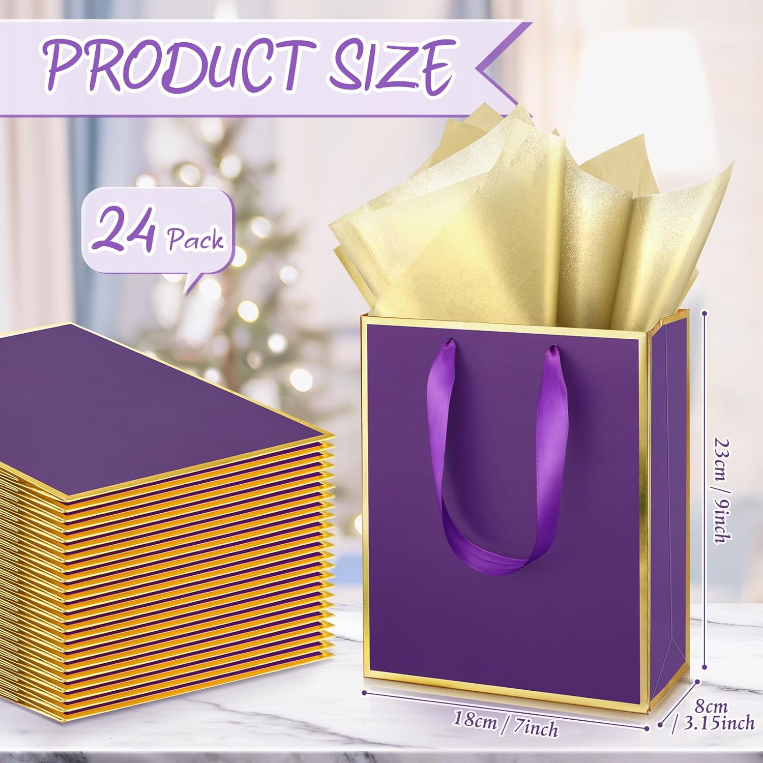 Yeaqee 24 Pack Metallic Paper Gift Bags with Handle and Tissue 9x7x3.1 Gold Foil Welcome Thank You Favor Bags Return Gifts for Wedding St. Patrick's 5 Senses Bridesmaid Birthday(Purple Gold) - Image 2