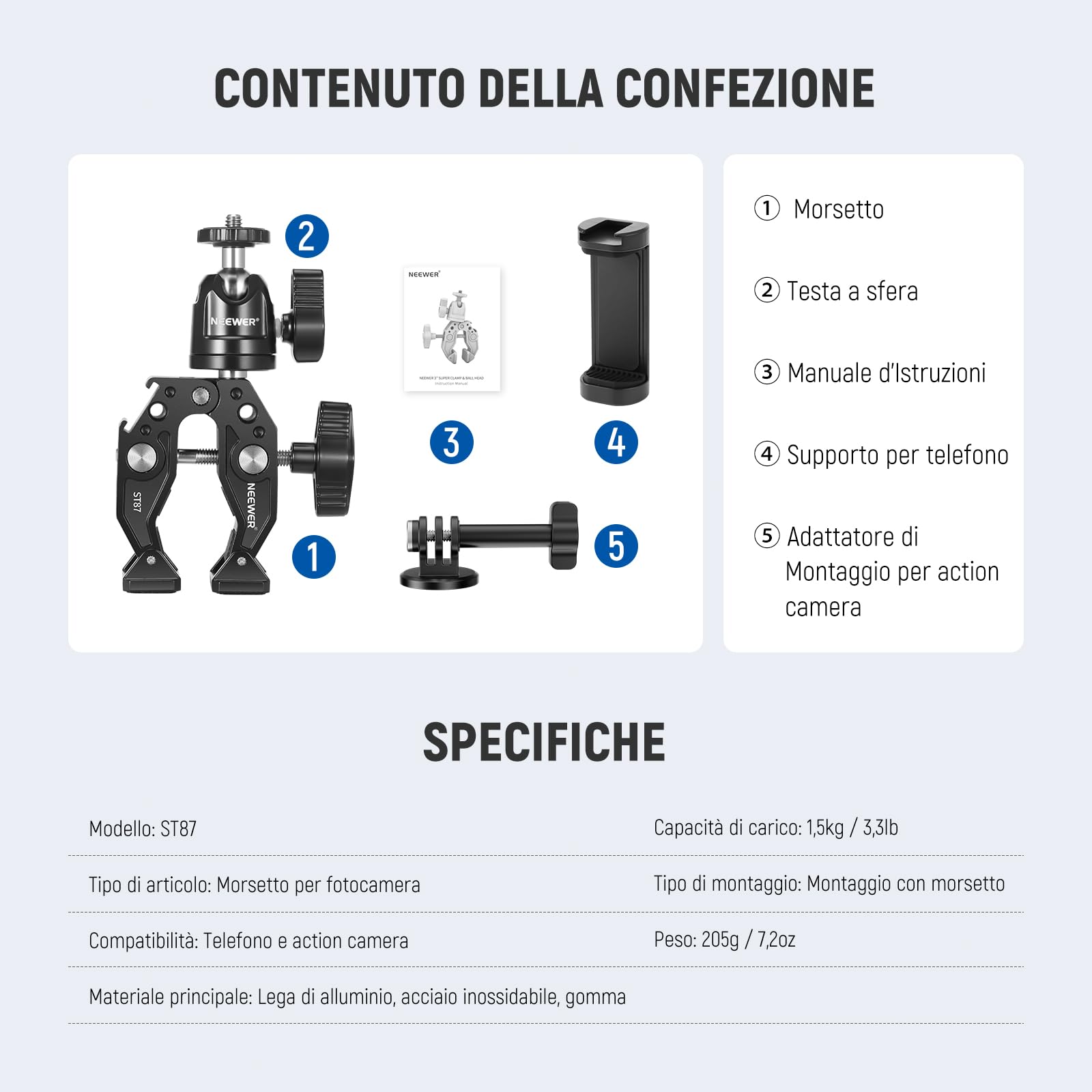 NEEWER Super Clamp con Testa a Sfera, Cold Shoe, Supporto per Telefono e Adattatore per Action Camera per Superfici Piane/Rotonde Compatibile con GoPro DJI iPhone 15 Pro Max, ST87