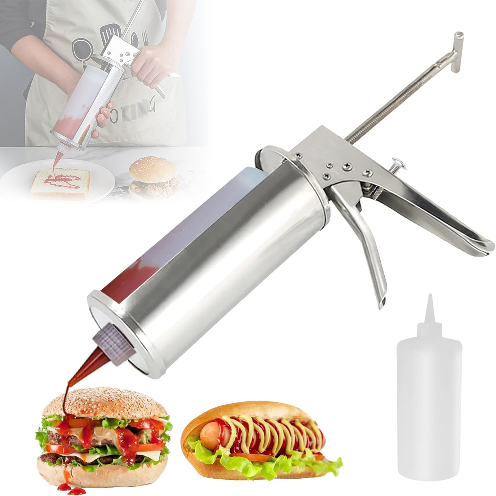 Dispensador de salsa con flujo ajustable y boquillas desmontables para cocinas profesionales y domésticas