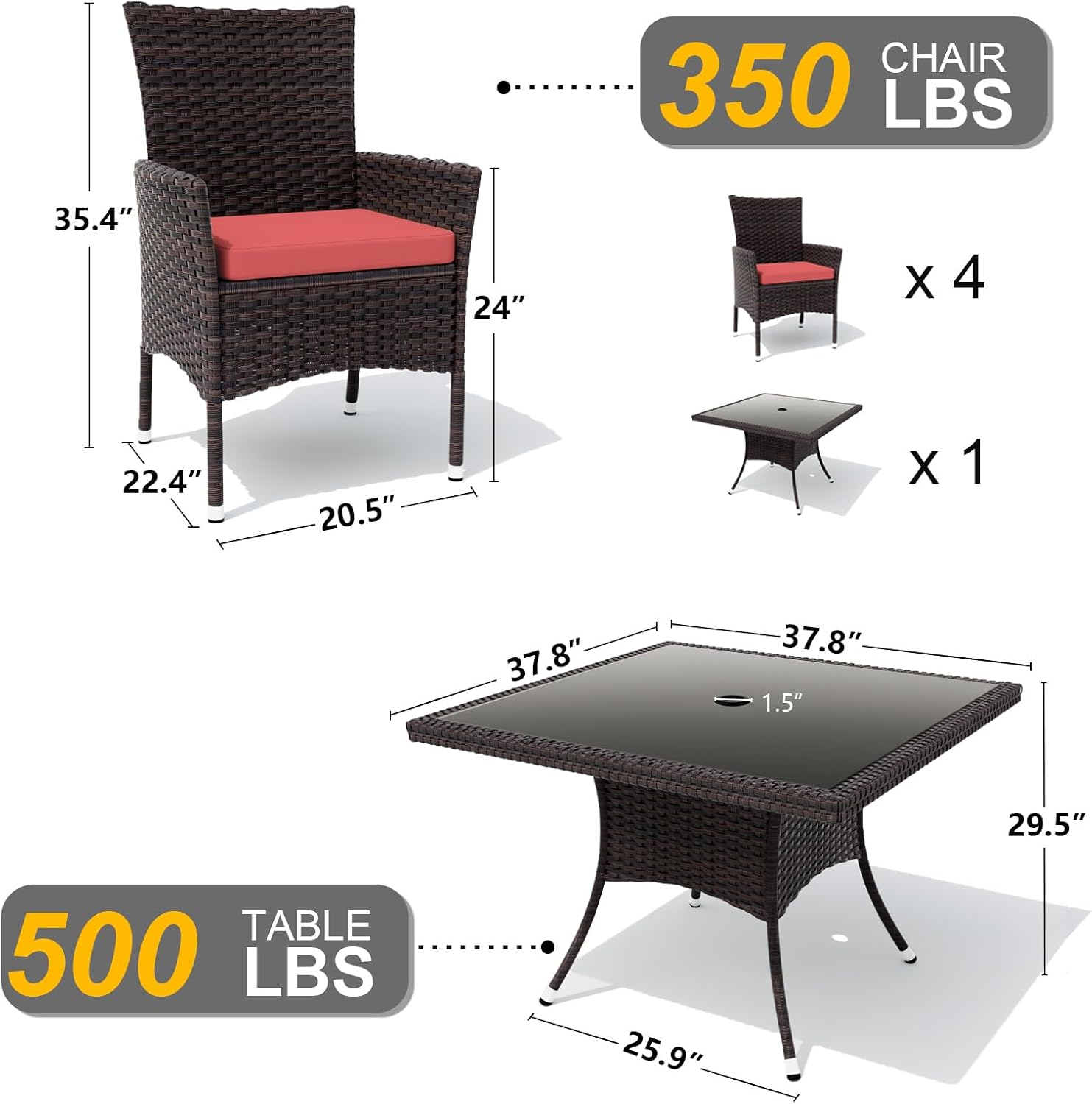 Gotland 5 Piece Outdoor Dining Set, All-Weather Rattan Patio Furniture Set with Umbrella Hole Tempered Glass Square Table, Outdoor Table and Chairs with Removable Cushions for Backyard, Deck, Red
