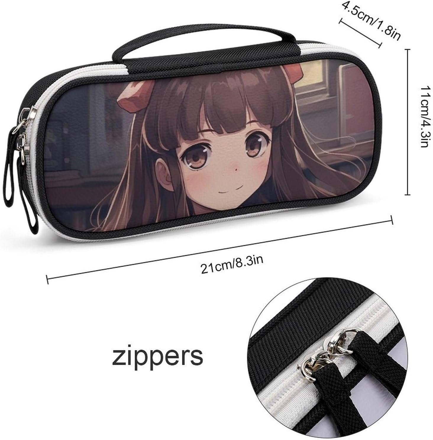 Little Woman in Anime Pencil Case - PU Leather Pencil Bag Multifunctional Zipper Pouch Bags Small Makeup & Stationery Organizer for Office, Travel, Men & Women (8.3x4.3x1.8in image 2
