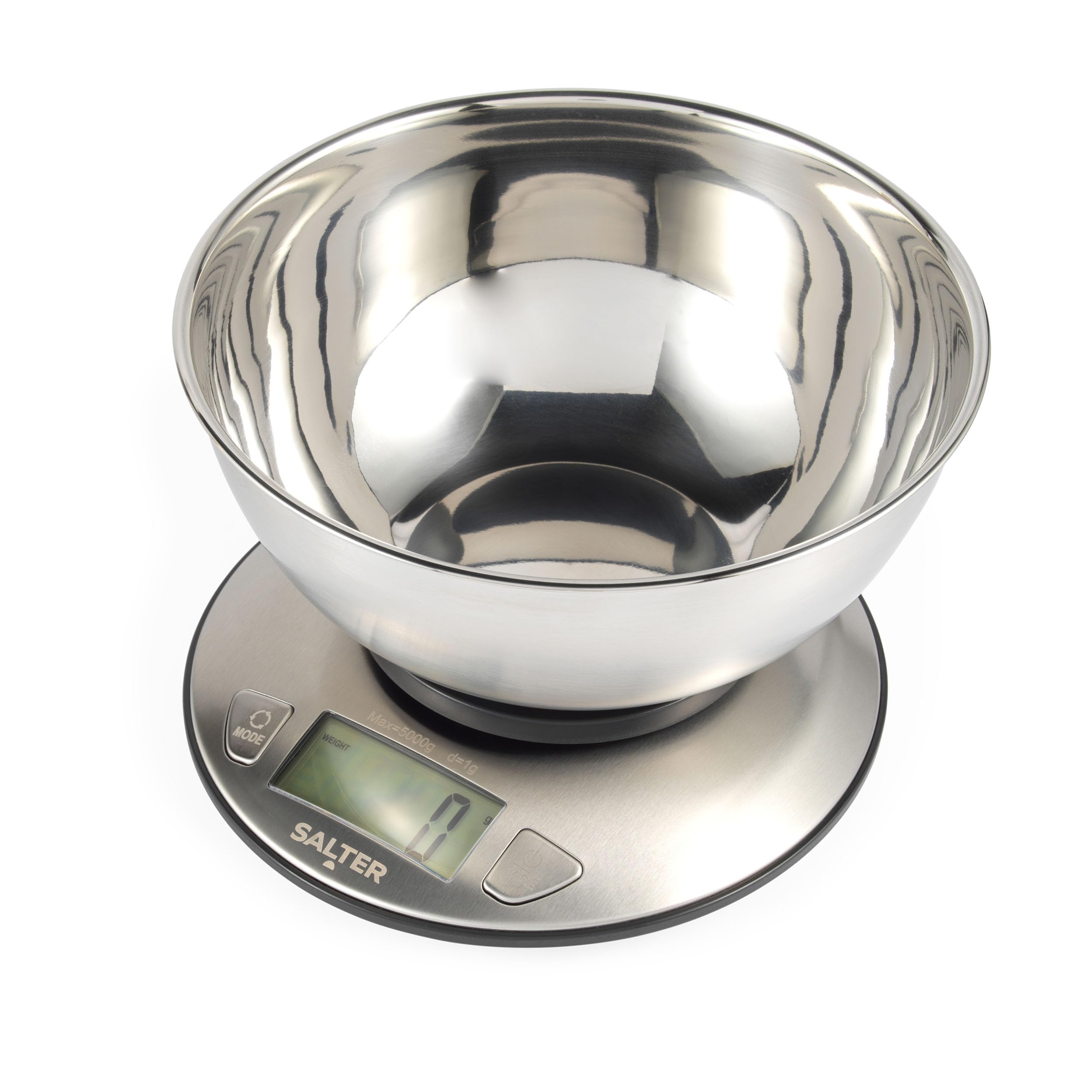 Salter Waga kuchenna z miską – wiele pomiarów, mierzy płyn, maksymalna pojemność 5 kg, stalowa miska 2 l, wyświetlacz LCD, stal nierdzewna, podwójne zastosowanie, idealna do pieczenia, gotowania,