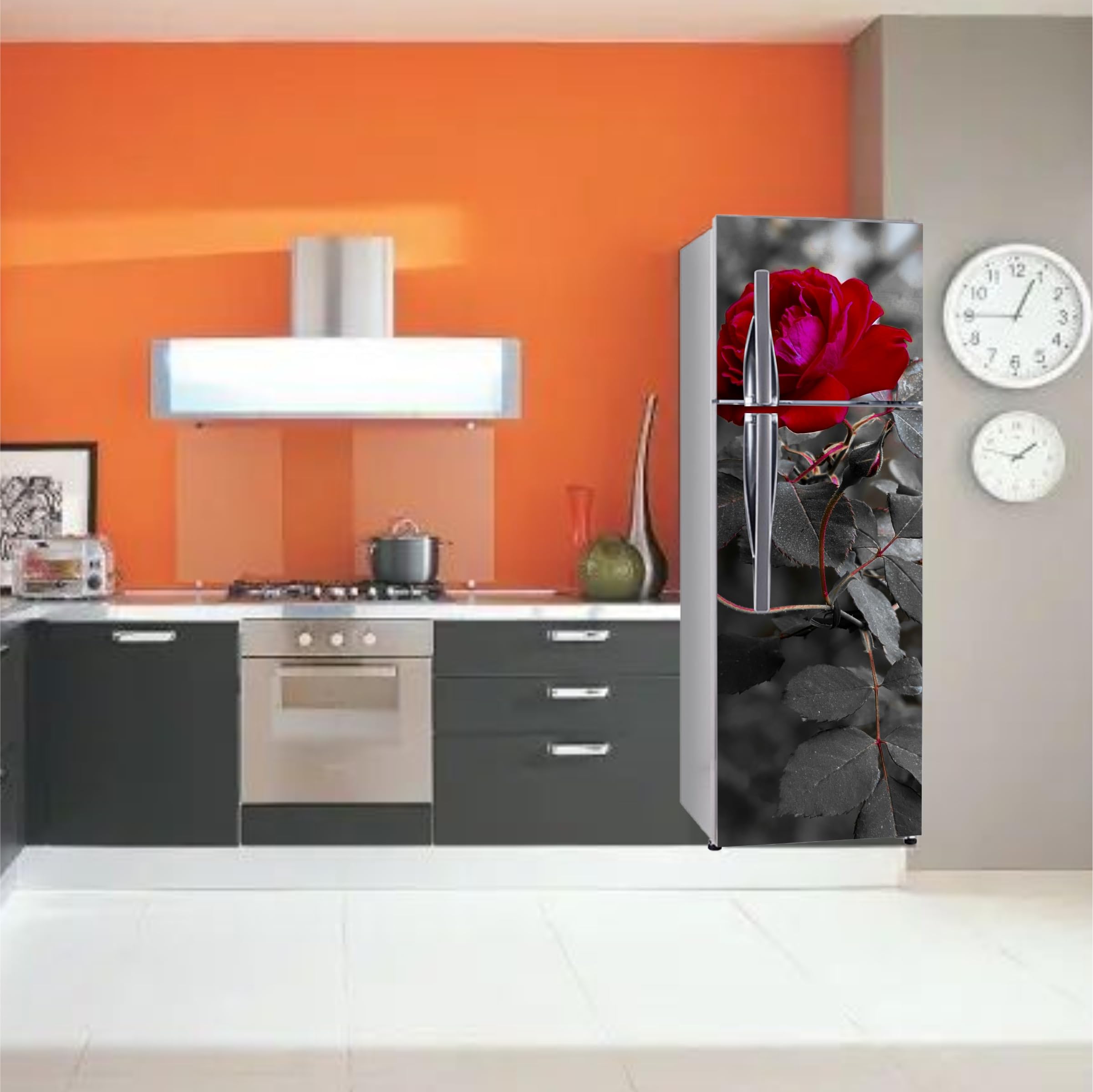DECOR PLUS DECAL Modern Red Rose Botanical Fridge Door Sticker, Black and White Fridge Door Sticker, Vinyl, 60 x 152 cm, Self-Adhesive, Gloss Finish, Indoor Decor, Rectangular 1