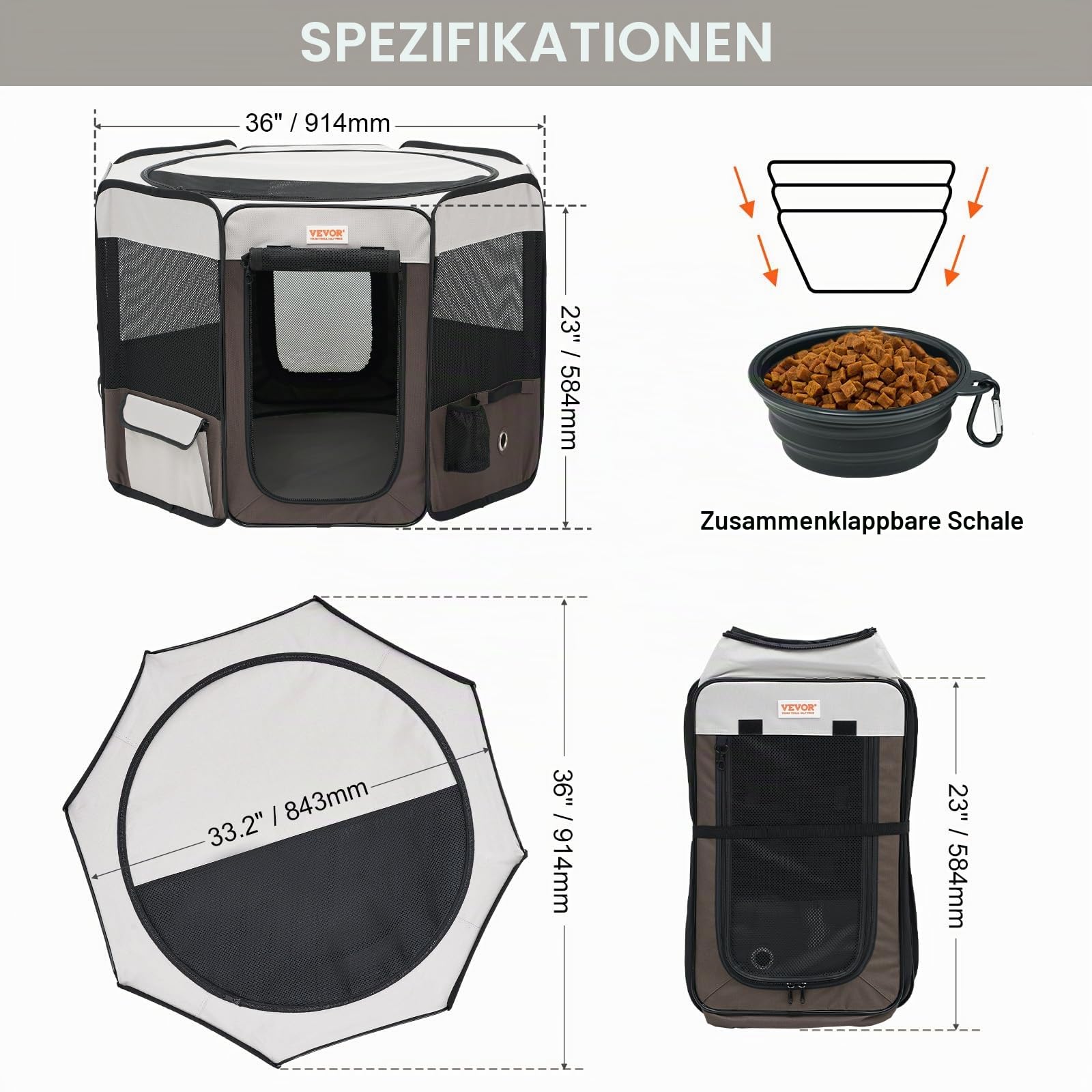 VEVOR Welpenlaufstall Faltbar 914 x 914x 584 mm Welpenauslauf Tierlaufstall 13 x 5 cm Klappschüssel Hundelaufstall 600D Oxford-Gewebe Hundelaufstall Freilaufgehege für kleine & mittelgroße Haustiere