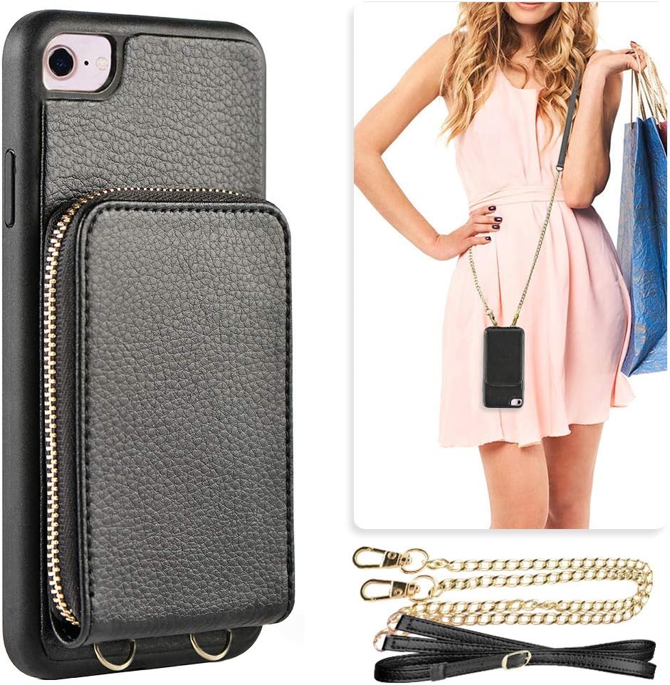 iPhone 8 Wallet Case, JLFCH iPhone 7 Wallet Zipper Case with Credit Card Slot Card Holder Crossbody Strap Purse Mini Handbag Leather Back Protective Case for iPhone 8/7, 4.7 inch - Black