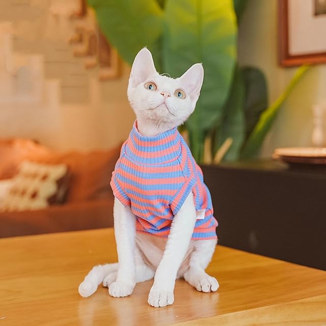 Foto 2 de 6 de UOSIA Sphynx Gato sin Pelo Camiseta a Rayas Gatos Chaleco de algodón Primavera Verano Elasticidad Algodón…