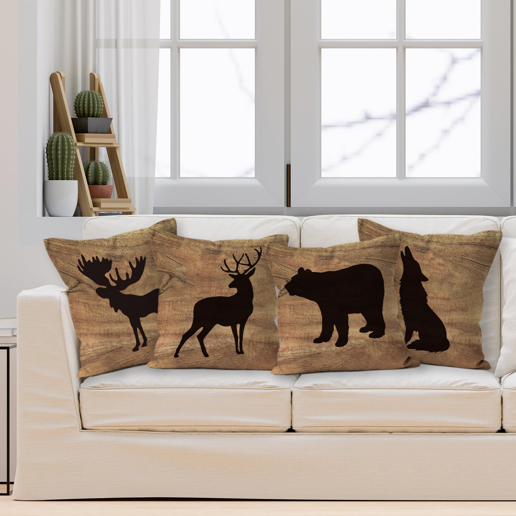 Fodera Per Cuscino 40x40 Cm Con Silhouette Orso E Foresta, In Misto Lino Cotone, Grigia, Chiusura Con Zip Invisibile