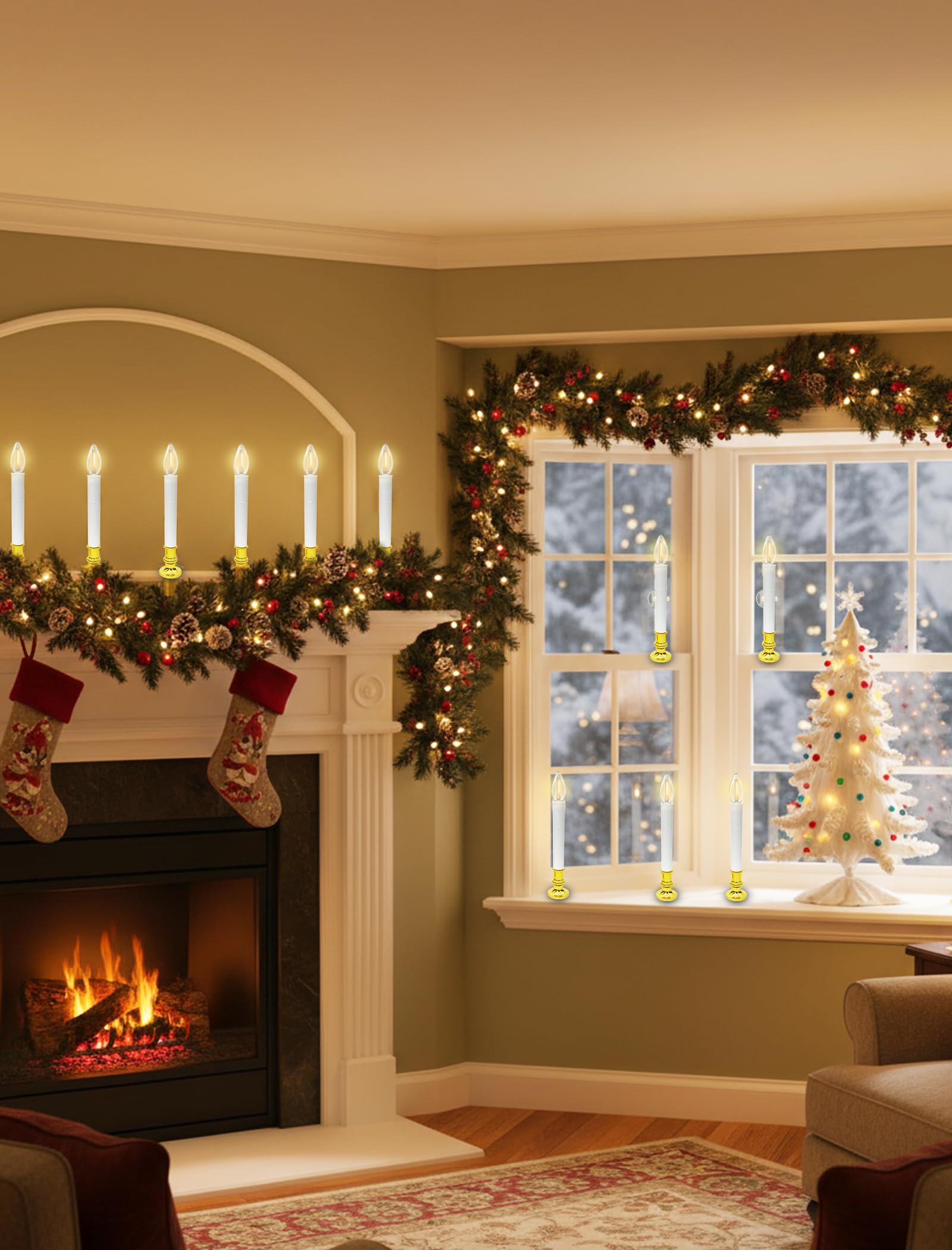 LED-Weihnachts-Fensterkerzen mit Timer, 26,7 cm, flammenlose Kerzen mit C26 0,6 W weichen weißen Leuchtmitteln, E12-Sockel, batteriebetrieben mit 4,5 cm Messinghaltern und Saugnäpfen, für
