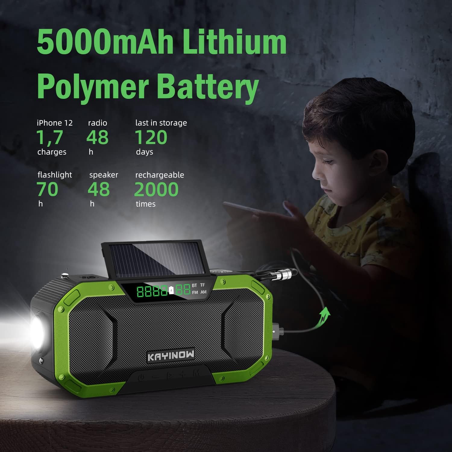 KAYINOW Emergency NOAA Weather Alert Radio - with Bluetooth Speaker, IPX5 Waterproof Hand Crank Solar, 5000mAh Battery Backup Radio AM FM, Flashlight, SOS, USB Phone Charger, Home, Camping, Survival : Electronics