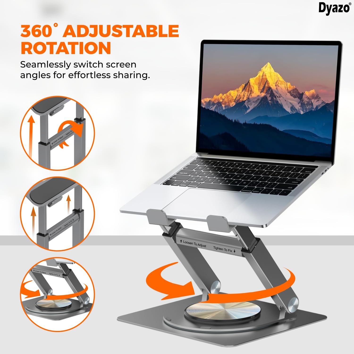 Dyazo 360° Rotating Laptop Stand | Height Adjustable & Foldable Riser with Swivel Base | Heat Vent & Anti-Slip Design | Laptop Holder for Desk & Standing Use | Fits Upto 15.6 Inch Laptops (Space Grey) 1