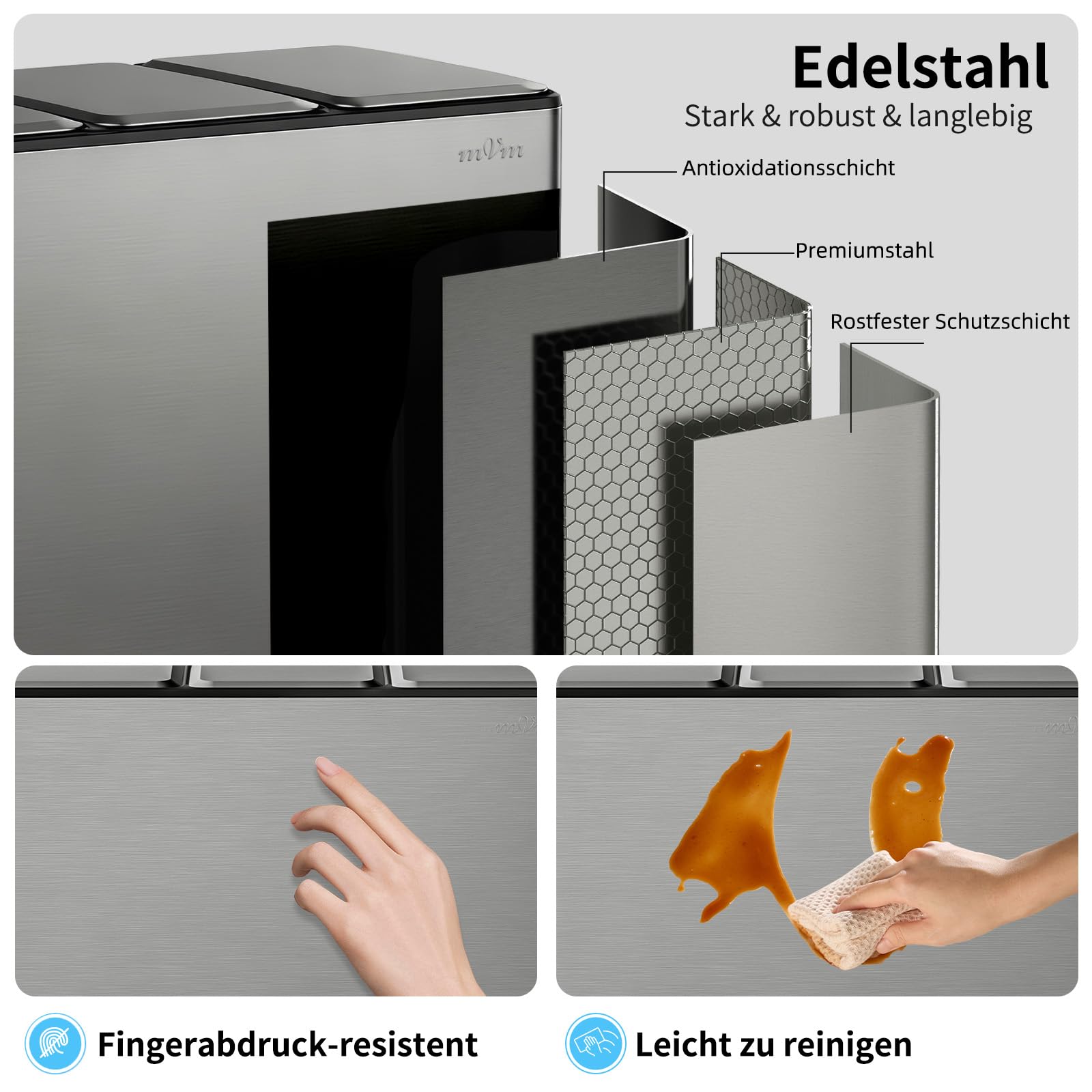 mVm Mülleimer Küche,45 Liter Treteimer,3 x 15 Liter Treteimer, 3 Fächer, Mülltrennsystem, Abfalleimer Küche mit Inneneimer aus Kunststoff,Metall,Klappdeckel, Softclose, Luftdicht