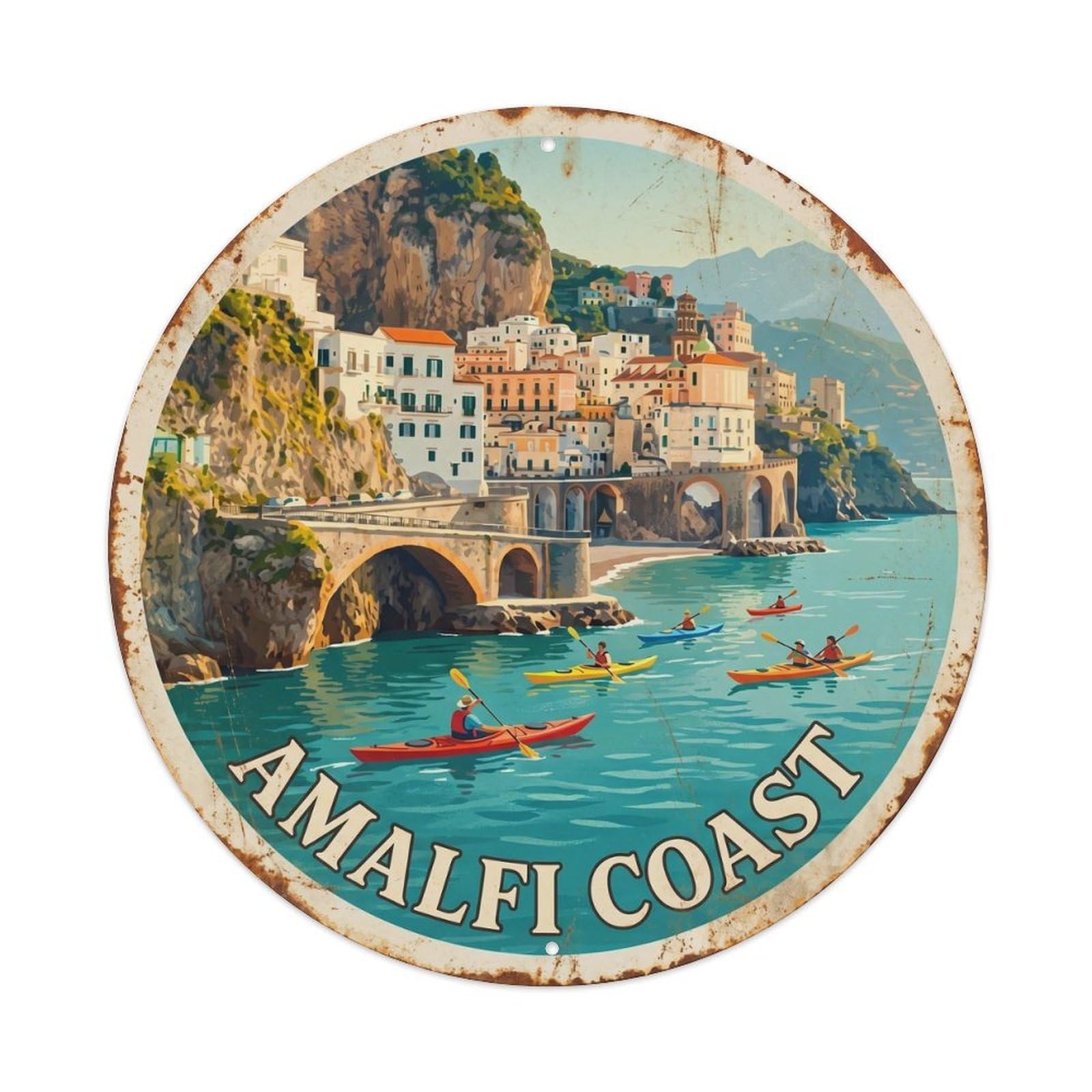 Vintage Italian Coast Mediterranean Kayak Adventure Harbor Metal Tin Sign Plaque Wall Decor for Cafe, Man Cave, Club Bar, Office, Home Garden Round Metal Poster 8x8Inch