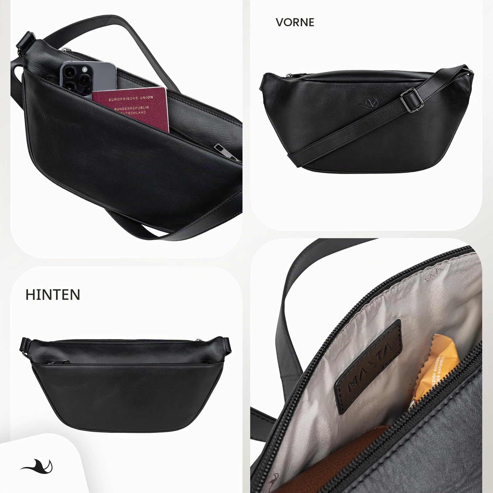 MANTA Echtleder Belt Bag, stylische Bauchtasche zum Umhängen, Crossbody Bag, Sling Bag für Damen & Herren, hochwertige Gürteltasche aus Leder, Brusttasche, Ledertasche für Freizeit, Reisen & Festivals