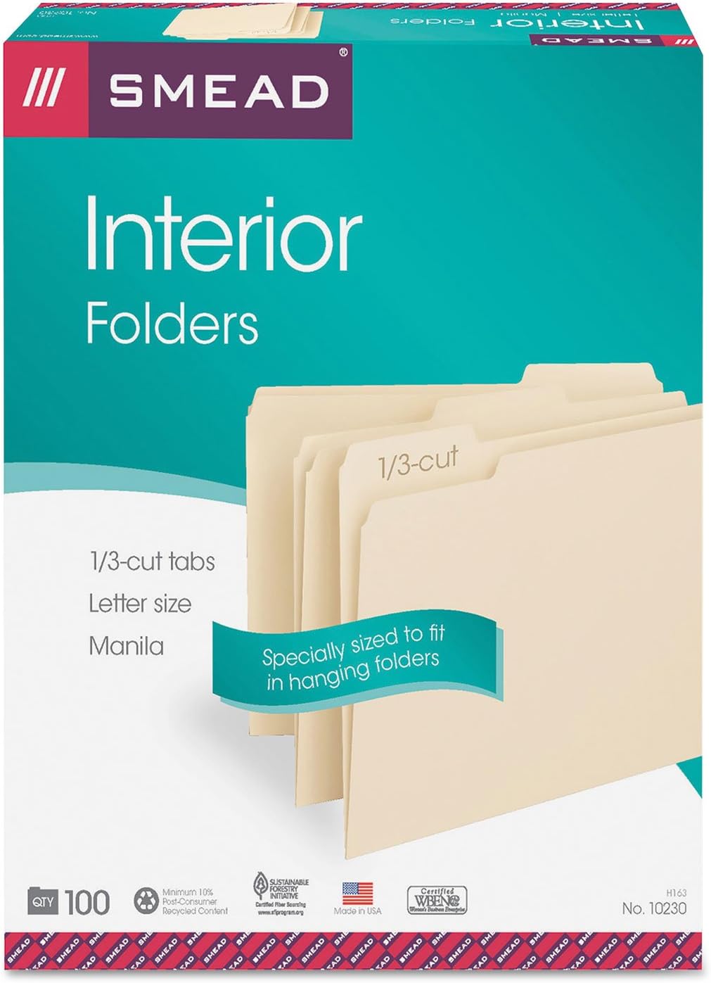 Smead 10230 Interior File Folders 1/3 Cut Top Tab Letter Manila 100/Box