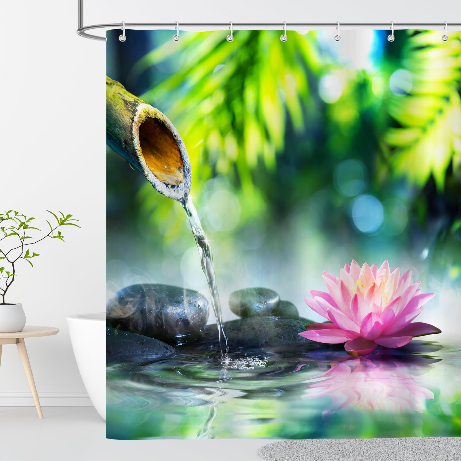 OCEUMACO Zen Shower Curtain Narrow Width Extra Long Anti Mould Proof Resistant 120x200cm Drop Green Bamboo Lotus Shower Curtains Bathroom Wet Room Waterproof Washable Fabric with Hooks