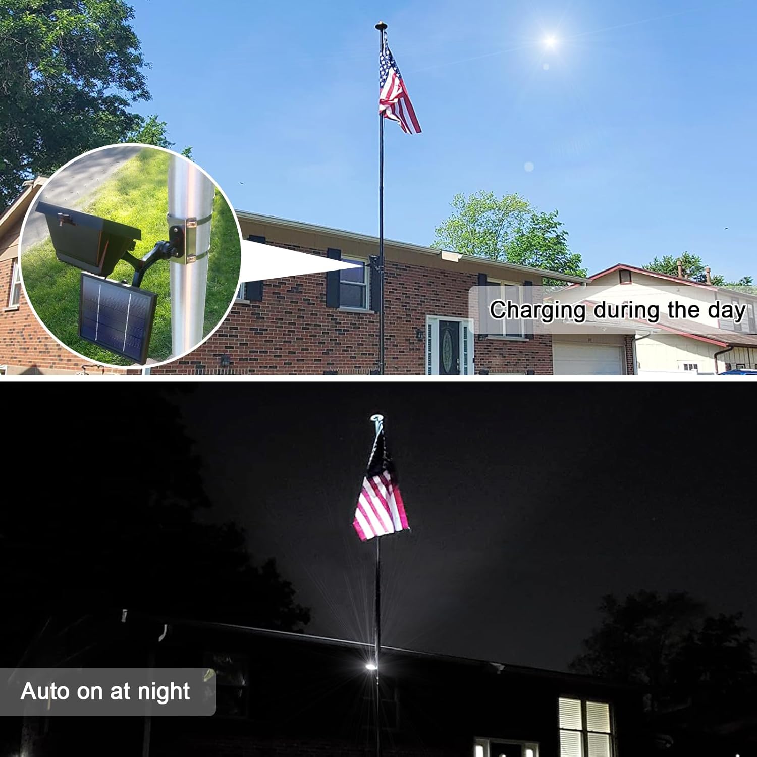 Flag Pole Light Solar Powered 12 Ultra Bright LED 6000K White Adjustable Metal Clamp Fits 2-6" Diameter Flagpoles Outdoor Dusk to Dawn 100% Coverage Lights Black