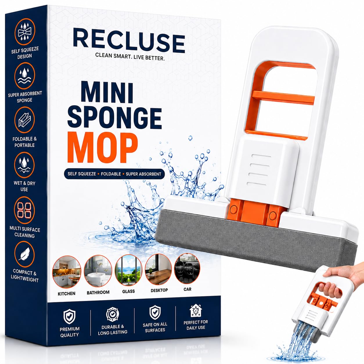 Recluse Portable Foldable Sponge Wiper with Self-Wringing Handle | Mini Handheld Mop for Kitchen Counter, Bathroom Mirror, Window Glass, Sink, Table, Car (1 Squeeze Handle + 1 Sponge Head)-image-13