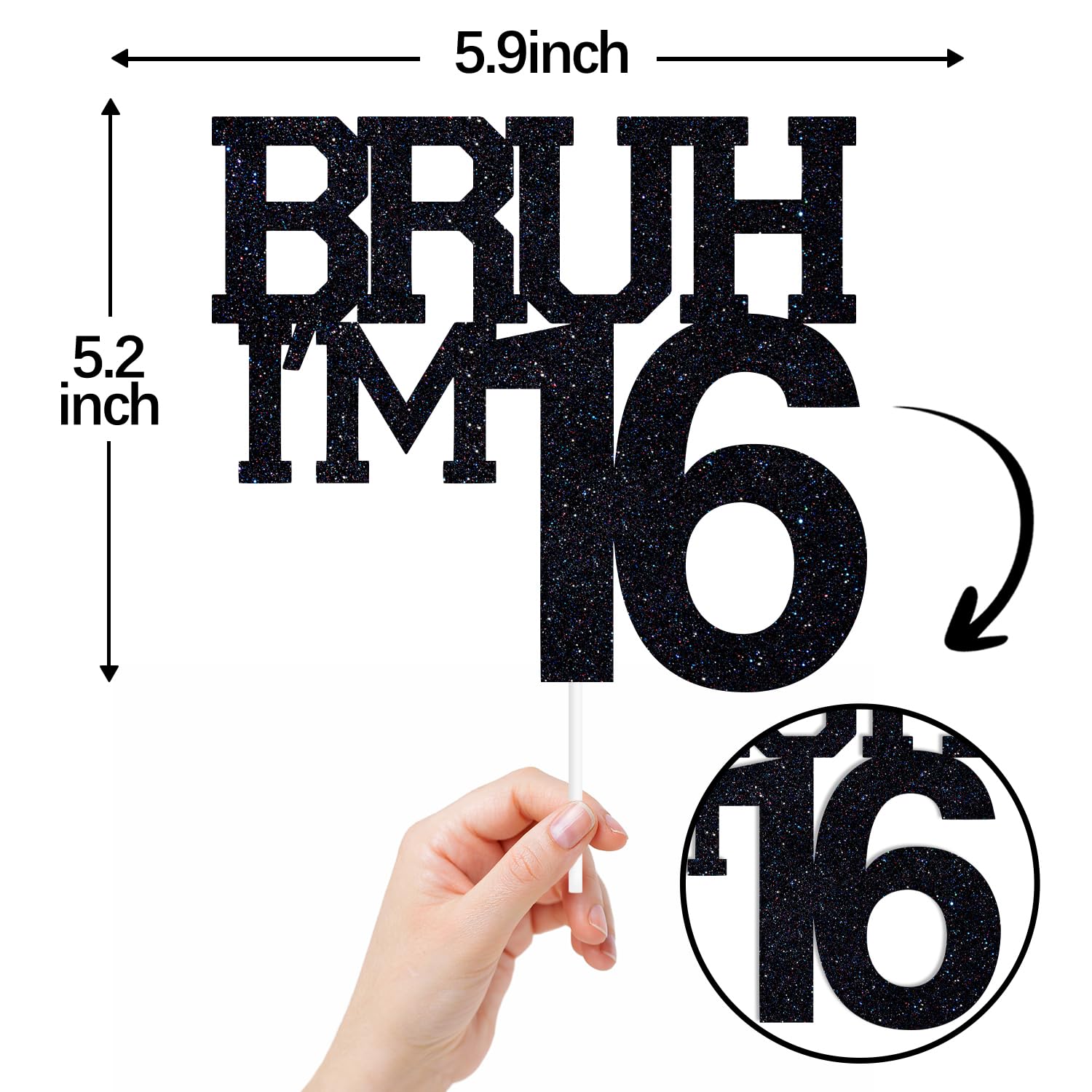 Black Glitter Bruh I'm 16 Cake Topper, Happy 16th Birthday/Bro I'm 16, Funny 16th Birthday Party Decorations