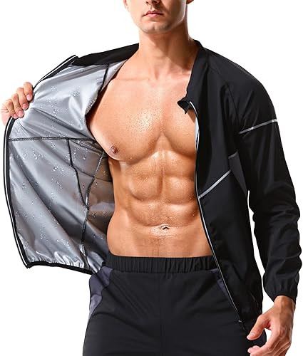 LAZAWG Traje de sauna para hombre, chaqueta de sudor de manga larga con cremallera, sudadera para gimnasio, fitness, sauna