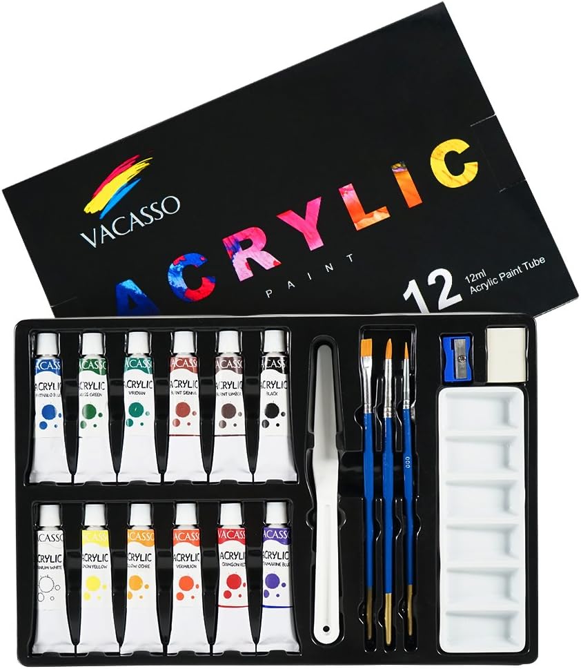 Acrylic Paint Set of 12 Colors by VACASSO, Perfect for Painting Canvas, Wood, Clay, Fabric, Ceramic & Crafts, Non-Toxic & Quick Dry, Great for Beginners, Hobbyists & Artists