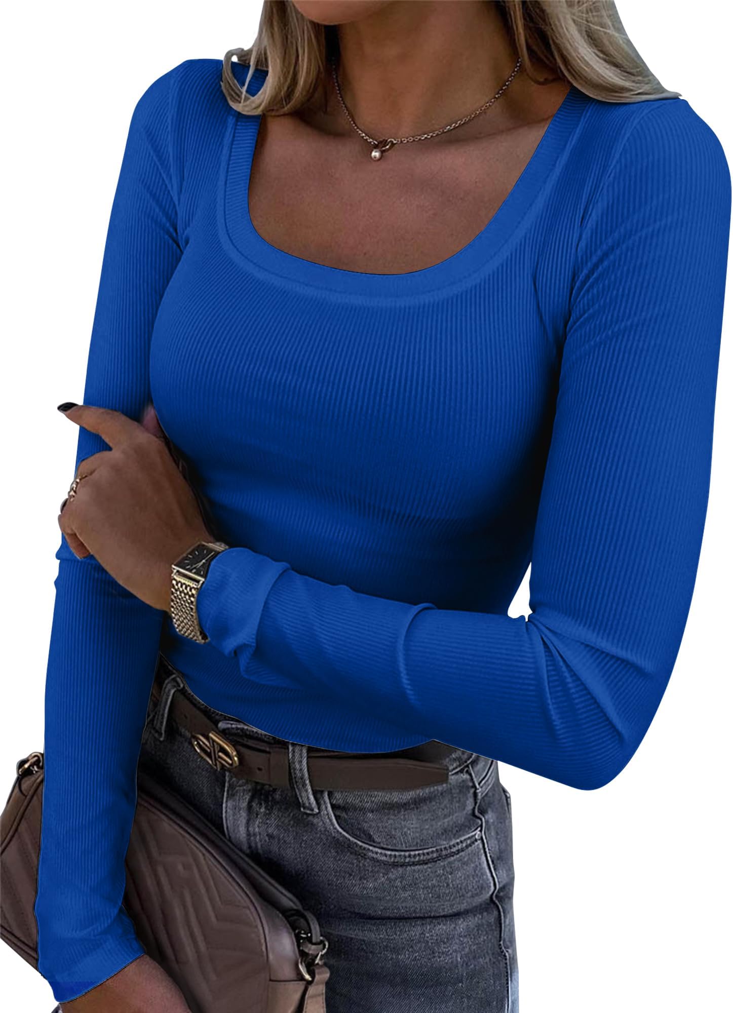 Womens Long Sleeve Scoop Neck Ribbed Knit Fitted Casual Tops Tee Slim Basic Shirts