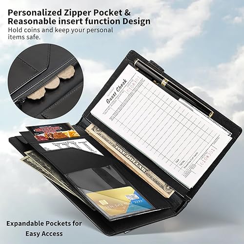 Miniatura 5 de DIGTIALL Libreta de mesera para camarera de 9 x 5 pulgadas, cartera de cuero sintético para camarero con cremallera y soporte para libro de cheques,